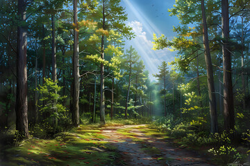 Fototapeta premium Serene Forest Pathway: A Tranquil Walk through Sunlit Pine Trees and Verdant Greenery