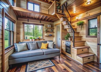 Cozy tiny house living room features a compact couch, rugged wood stairs, and minimalist decor, creating a warm and inviting atmosphere in a small space.