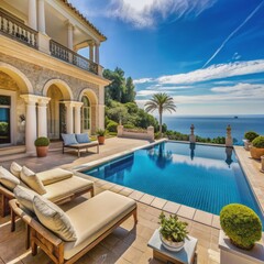 Luxurious Mediterranean villa with infinity pool, ornate furnishings, and stunning sea views, showcasing perfect blend of elegance, refinement, and grandeur in serene coastal setting.