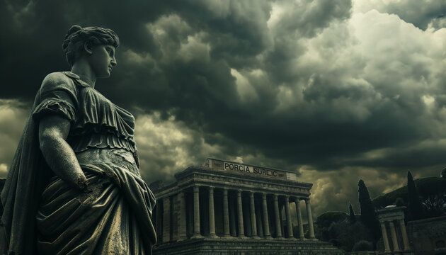 Cena cinematogr&aacute;fica da est&aacute;tua da fil&oacute;sofa estoica "PORCIA", filha de Cato em frente a um templo romano antigo, com nuvens escuras e tempestuosas, atmosfera majestosa e sombria, IA Generativa
