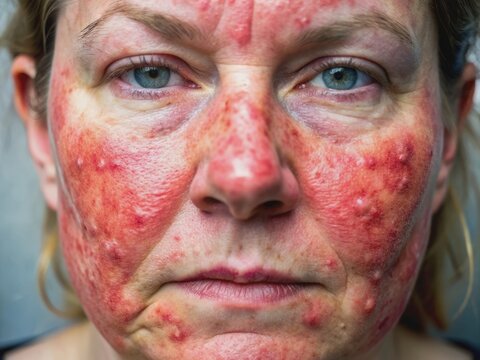Close-up of a damaged facial skin with severe red and reddish rash, indicating allergic reaction or lupus symptoms, requiring medical attention and treatment.