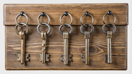 Rustic wooden key holder with five metal keys hanging, perfect for home organization and storage solution in a rustic decor setting on transparent background.