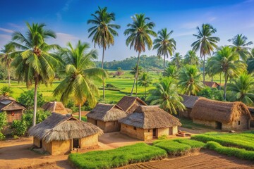 Rural Indian village farm landscape with traditional thatched roof mud houses surrounded by lush green fields and palm trees under a clear blue sky.
