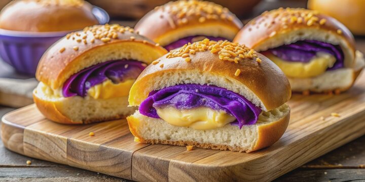 Vibrant purple ube-infused dough swirls around a melted cheese center, nestled within a crispy golden crust, creating a mouthwatering gourmet take on the classic Filipino pandesal.