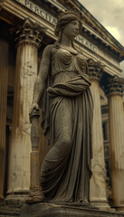 Cena cinematográfica da estátua da filósofa estoica "PORCIA", filha de Cato em frente a um templo romano antigo, com nuvens escuras e tempestuosas, atmosfera majestosa e sombria, IA Generativa