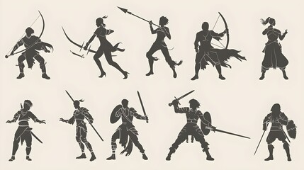 Silhouettes of male and female warriors in battle poses