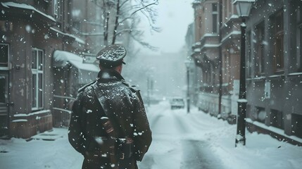 Wartime soldier standing in snowy street during winter