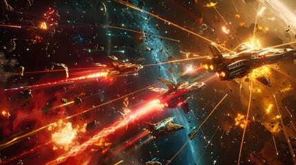 Epic space battle between starships with laser beams