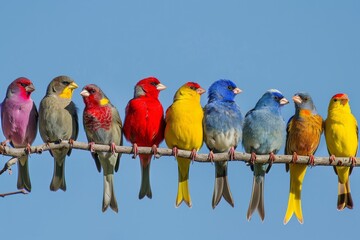 A Row of Colorful Birds on a Branch