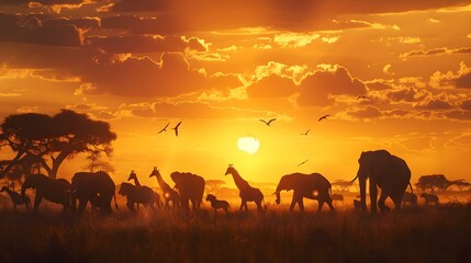Silhouetted African wildlife roaming