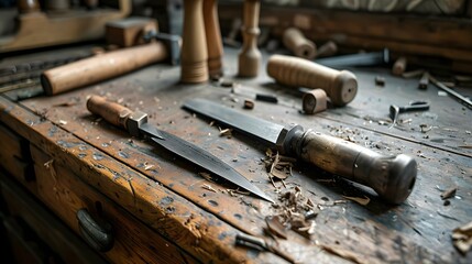 Carpenter working with a gouge on a workbench