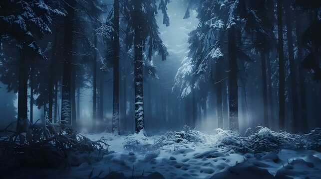 Mystical winter forest with snow