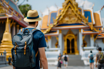 Obraz premium Back view of a traveler man with backpack at Thailand temple