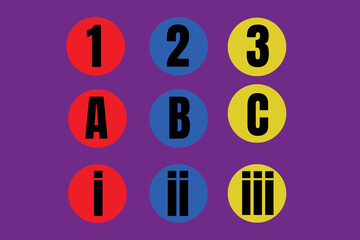 Set of Alphabet, letters ABC, and numbers in a different language. Easy Learning for children isolated on a Purple background. Editable vector file.	