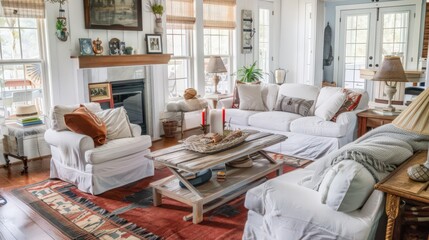 Describe ways to create a farmhouse-style living room that feels both stylish and comfortable.