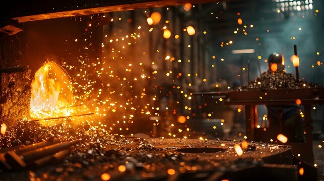 Bright and energetic blacksmithing scene with glowing forge