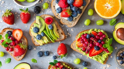 Healthy and Vibrant Breakfast Spread with Avocado Toast and Assorted Fruits generative ai