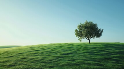 Obraz premium Design a tranquil scene of a solitary tree casting a gentle shadow on a field of vibrant green grass, under a clear blue sky.