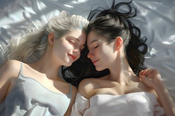 Fototapeta premium Women with contrasting hair on silk sheets in serene morning light