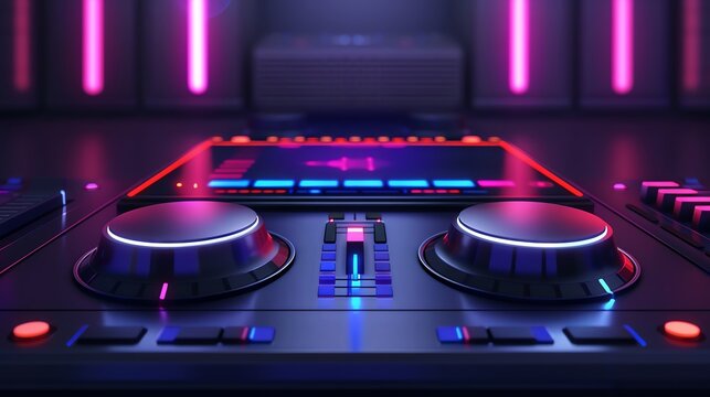 Close-up of a music production console with glowing buttons and knobs under neon lights.