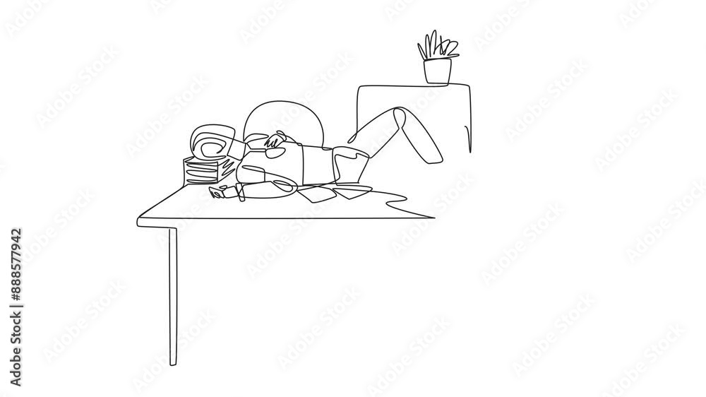 Poster animation of a continuous one line drawing robot fell asleep on the table with a pillow from a pile 