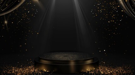 Elegant Dark Podium Background with Round Pedestal and Golden Particles for Award or Ceremony Event