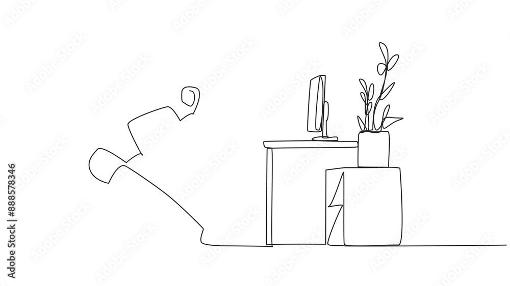 Poster animated self drawing of single continuous line drawing robot sitting in work chair with legs straig