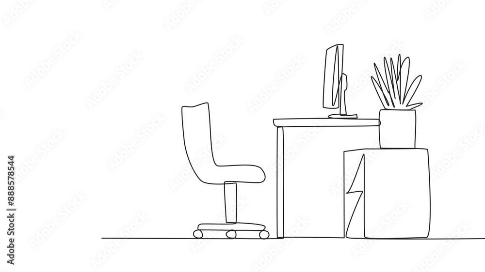 Poster animation of single continuous line drawing smart robot stands with a slight bend and both hands hol