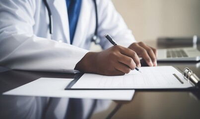 Close up of a doctor writing medical paperwork on a desk in their office, with copy space for text. Professional photography, high resolution, Doctor writing, medical paperwork, office, close up, hand