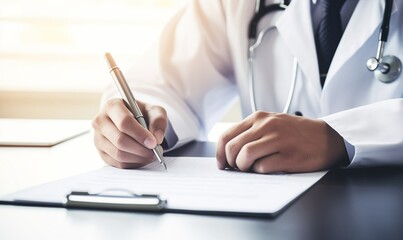 Close up of a doctor writing medical paperwork on a desk in their office, with copy space for text. Professional photography, high resolution, Doctor writing, medical paperwork, office, close up, hand