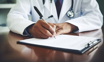 Close up of a doctor writing medical paperwork on a desk in their office, with copy space for text. Professional photography, high resolution, Doctor writing, medical paperwork, office, close up, hand