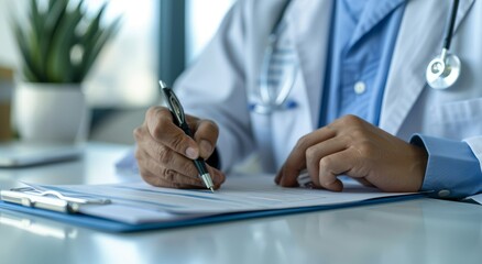 Close up of a doctor writing medical paperwork on a desk in their office, with copy space for text. Professional photography, high resolution, Doctor writing, medical paperwork, office, close up, hand