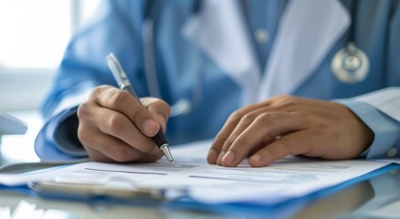 Close up of a doctor writing medical paperwork on a desk in their office, with copy space for text. Professional photography, high resolution, Doctor writing, medical paperwork, office, close up, hand