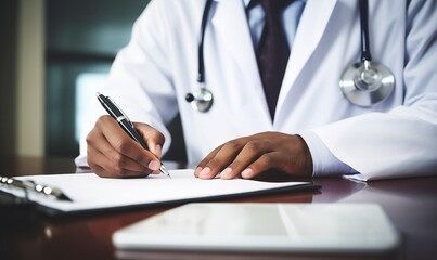 Close up of a doctor writing medical paperwork on a desk in their office, with copy space for text. Professional photography, high resolution, Doctor writing, medical paperwork, office, close up, hand