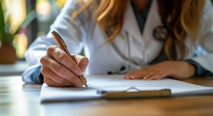 Close up of a doctor writing medical paperwork on a desk in their office, with copy space for text. Professional photography, high resolution, Doctor writing, medical paperwork, office, close up, hand