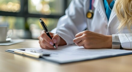 Close up of a doctor writing medical paperwork on a desk in their office, with copy space for text. Professional photography, high resolution, Doctor writing, medical paperwork, office, close up, hand