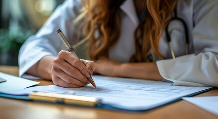 Close up of a doctor writing medical paperwork on a desk in their office, with copy space for text. Professional photography, high resolution, Doctor writing, medical paperwork, office, close up, hand