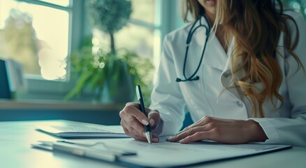 Close up of a doctor writing medical paperwork on a desk in their office, with copy space for text. Professional photography, high resolution, Doctor writing, medical paperwork, office, close up, hand