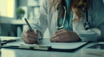 Close up of a doctor writing medical paperwork on a desk in their office, with copy space for text. Professional photography, high resolution, Doctor writing, medical paperwork, office, close up, hand