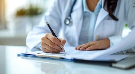Close up of a doctor writing medical paperwork on a desk in their office, with copy space for text. Professional photography, high resolution, Doctor writing, medical paperwork, office, close up, hand