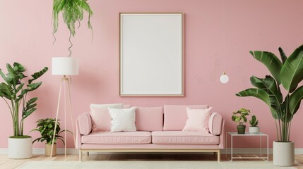 Cozy, simple design Pink living room interior with green houseplants, sofa, mockup poster frame, lamp, coffee table.