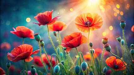 Obraz premium Vibrant poppy flowers blooming in ethereal light, showcasing the beauty of nature, poppy, flowers, bloom, vibrant, ethereal, light