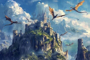 A Majestic Mountaintop Castle with Dragons Soaring