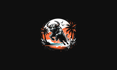 Fototapeta premium bull angry with palm on beach vector flat design