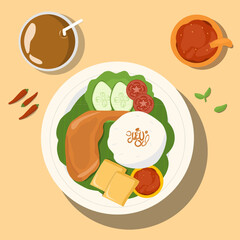Hand drawn vector illustration of fried chicken or ayam goreng menu design top view 