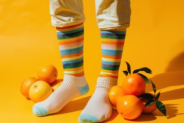Colorful socks standing next to oranges on bright yellow background travel style fashion concept in tropical location