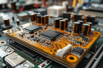 Detailed circuit board electronic components intricate technology modern electronics precise engineering technological innovation closeup circuitry advanced tech design hardware detail
