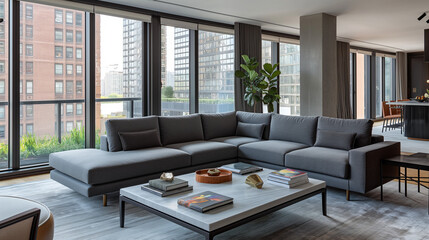 Elegant living room featuring a sleek gray sofa, marble coffee table, and floor-to-ceiling windows