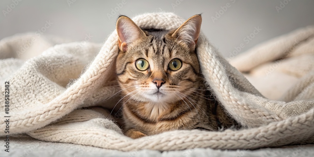 Wall mural Cute tabby cat snuggled in a cozy blanket, adorable, feline, pet, domestic, animal, fluffy, cozy, warm, comfort, sleeping, resting