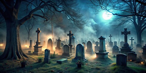 Eerie cemetery scene at night with mist and gravestones , dark, spooky, fog, graveyard, tombstones, eerie, haunted, moonlight